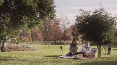 a man and woman sitting on a blanket in a park