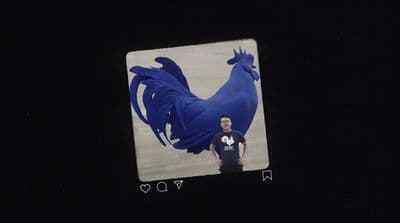 a man standing in front of a blue rooster