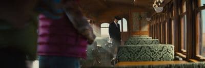 a man standing on a train looking out the window