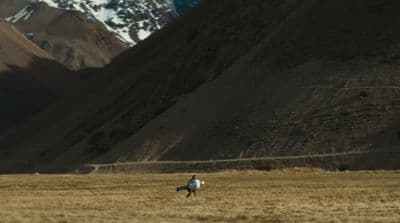 a man riding a horse through a dry grass field