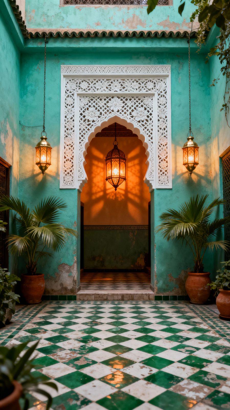 a green and white tiled courtyard with potted plants