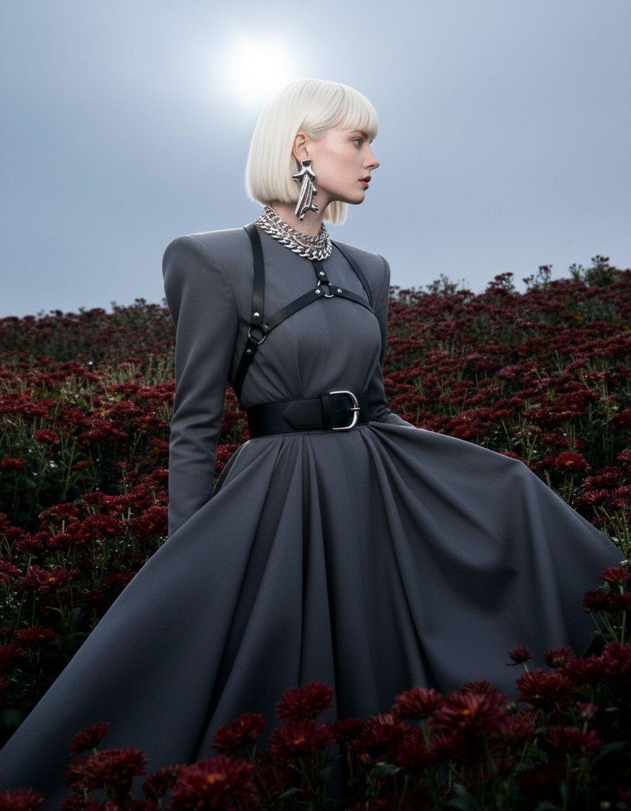 a woman in a gray dress standing in a field of flowers