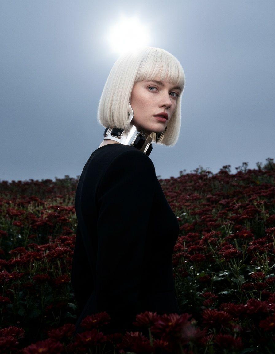a woman with white hair standing in a field of flowers