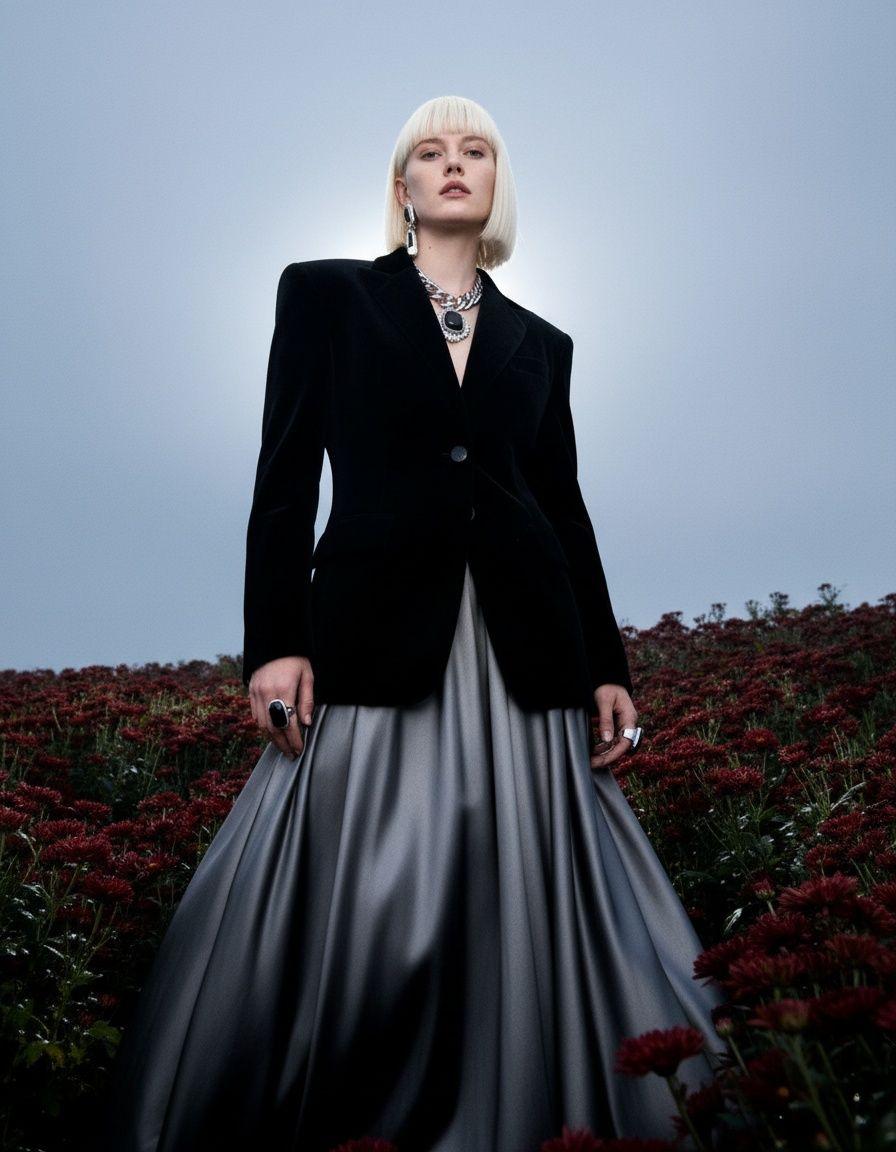 a woman standing in a field of flowers