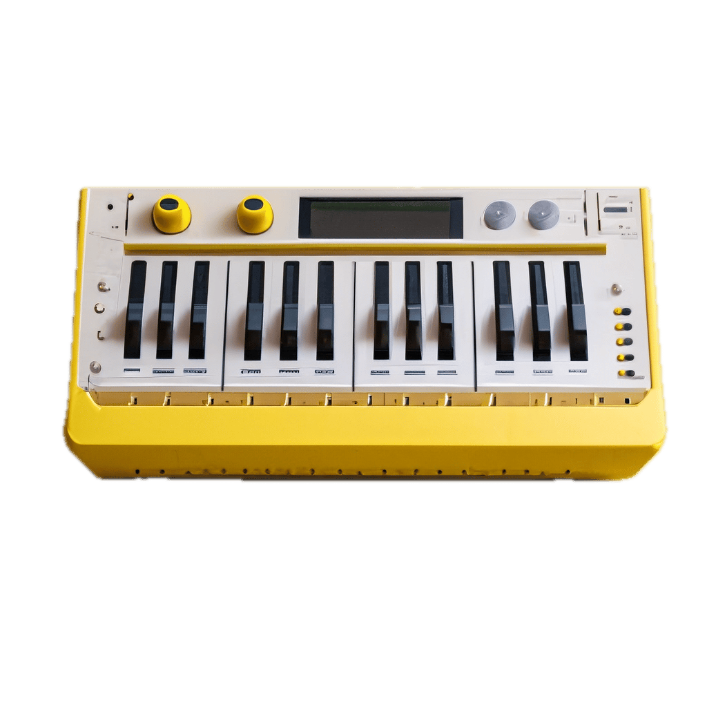 a yellow and white electronic keyboard on a black background