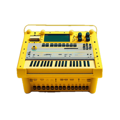 a yellow electronic device with a keyboard on top of it
