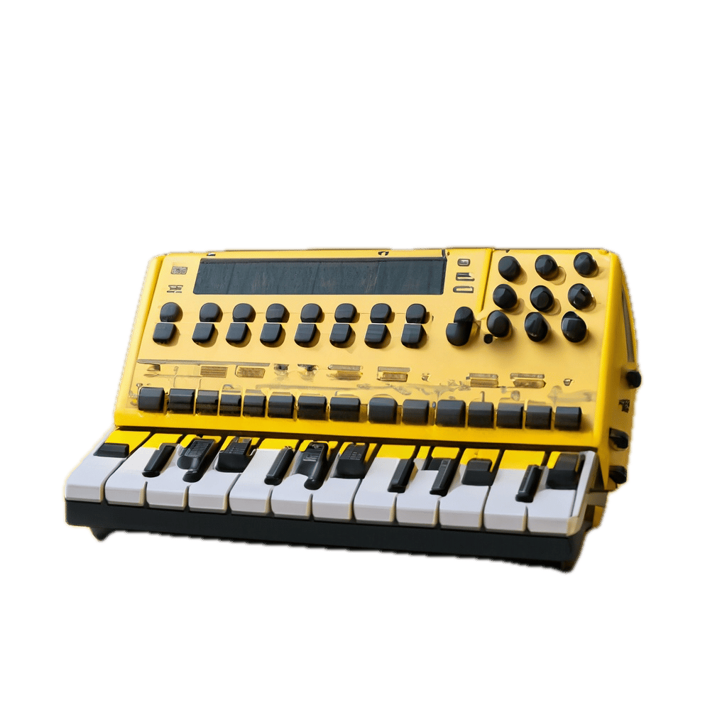 a yellow and black electronic keyboard on a black background