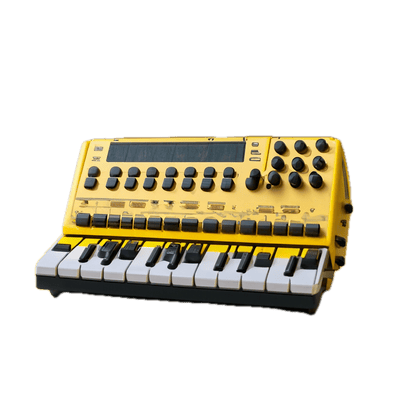 a yellow and black electronic keyboard on a black background