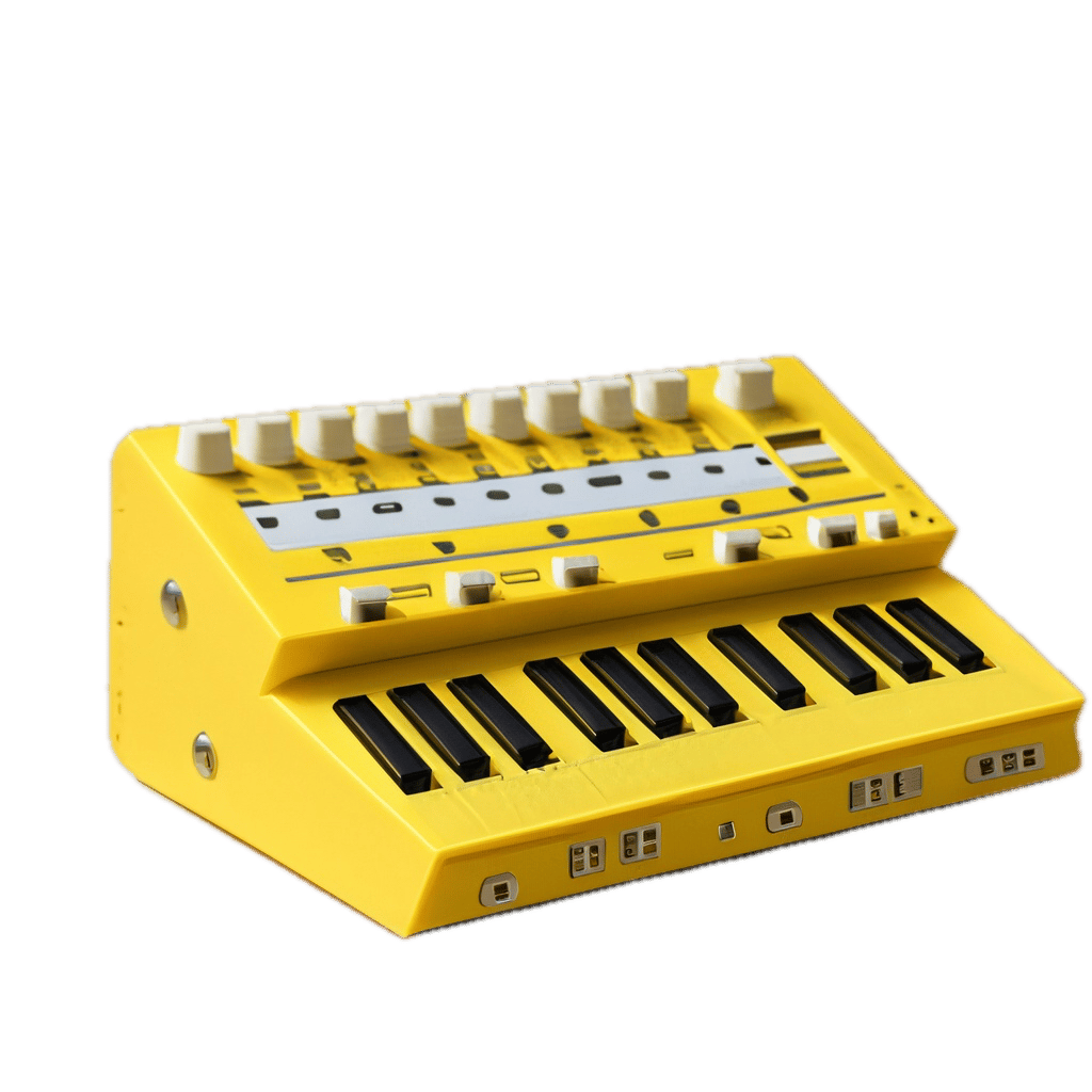 a yellow musical instrument with four different knobs