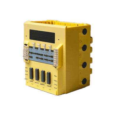 a yellow and black device on a black background