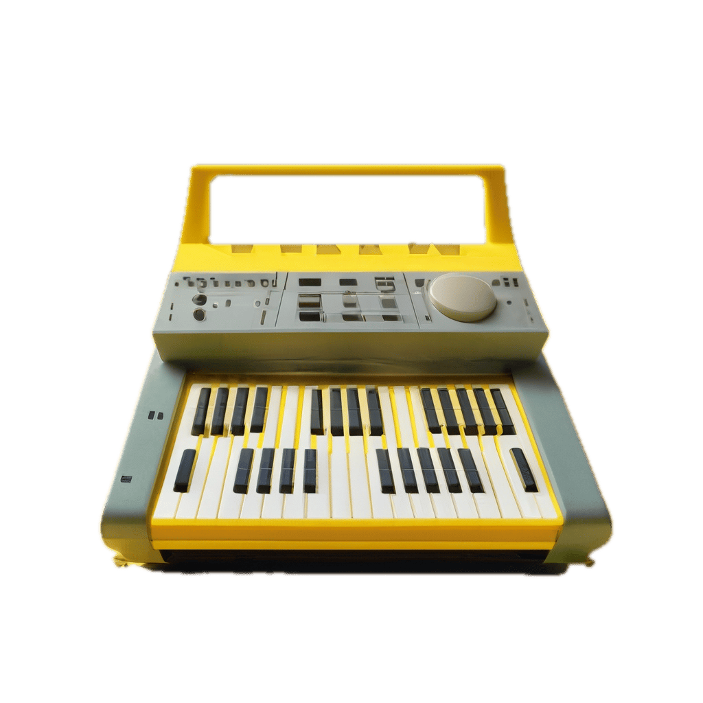 a yellow and gray electronic keyboard sitting on top of a table
