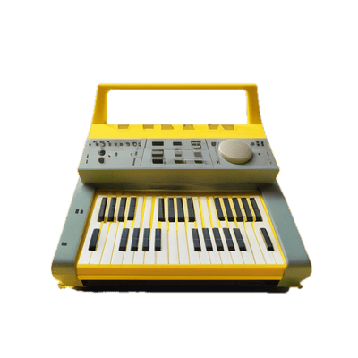 a yellow and gray electronic keyboard sitting on top of a table