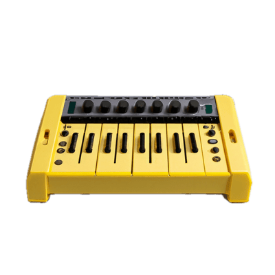 a yellow musical keyboard with black keys