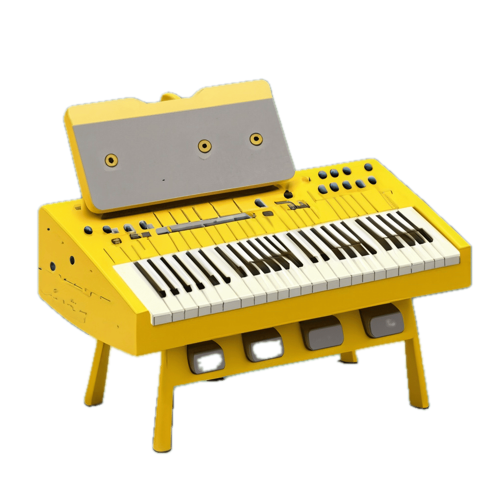 a yellow piano with a keyboard attached to it