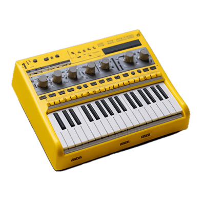 a yellow and white keyboard sitting on top of a black background