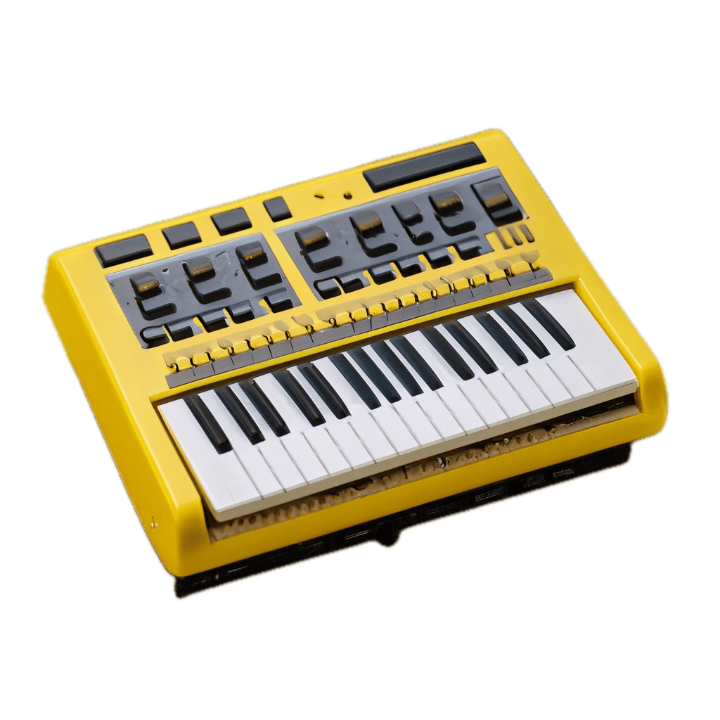 a yellow and black keyboard sitting on top of a table