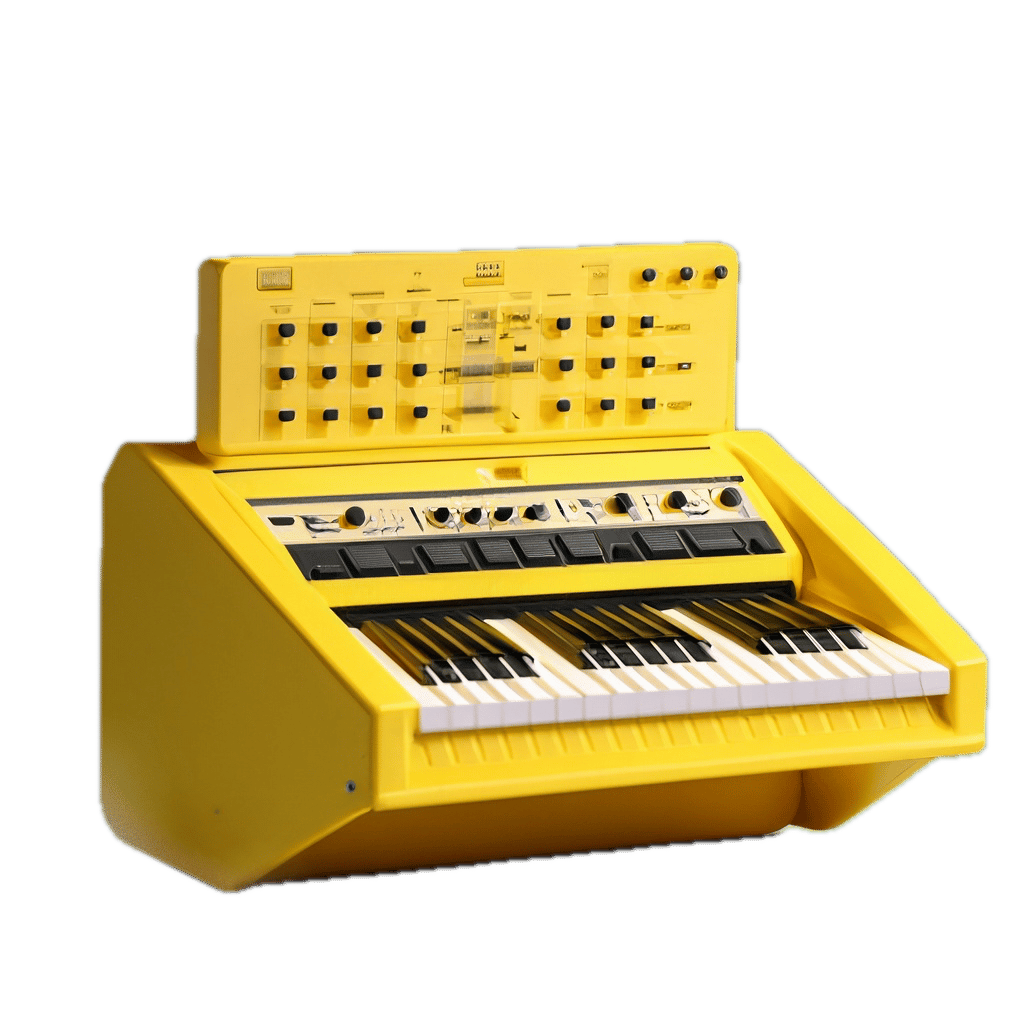 a yellow musical instrument with a keyboard inside of it