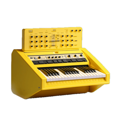 a yellow musical instrument with a keyboard inside of it