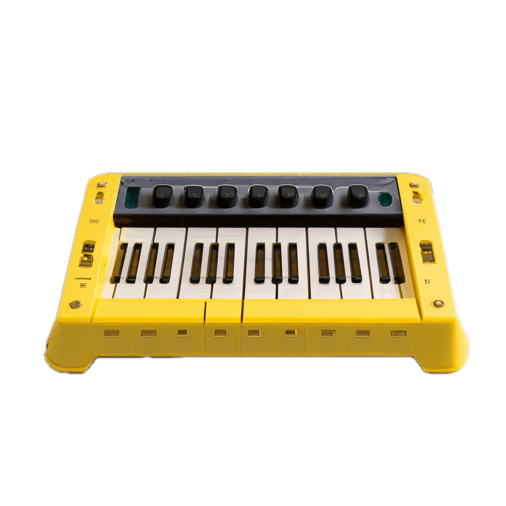 a yellow and black keyboard sitting on top of a table