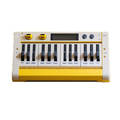 a yellow and white electronic keyboard on a black background
