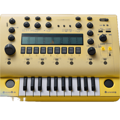 a yellow electronic keyboard with a digital display