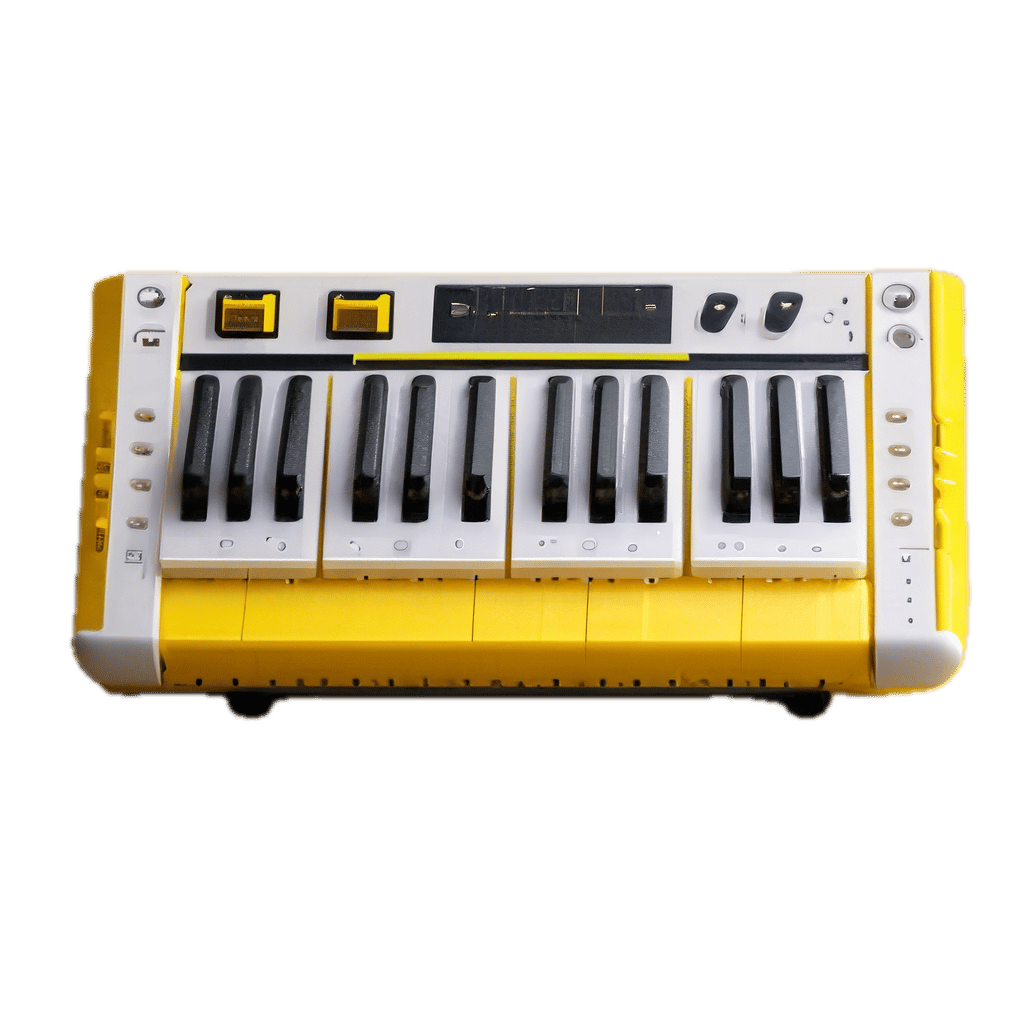 a yellow and white electronic keyboard on a black background