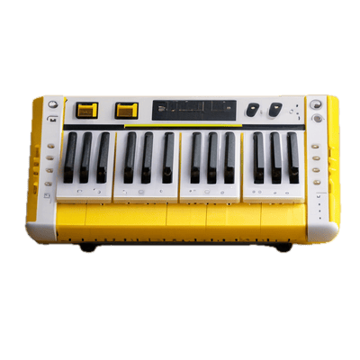 a yellow and white electronic keyboard on a black background