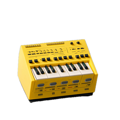 a yellow electronic keyboard sitting on top of a black background