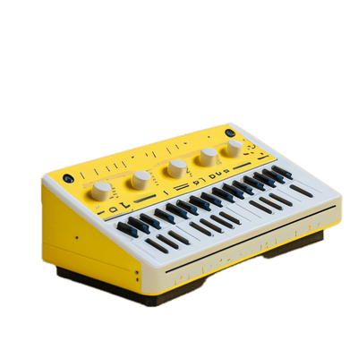 a yellow and white electronic device on a black background