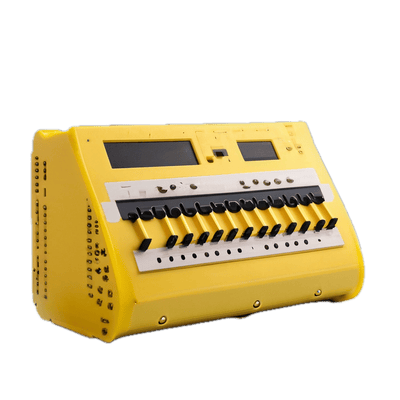 a yellow and black electronic device on a black background