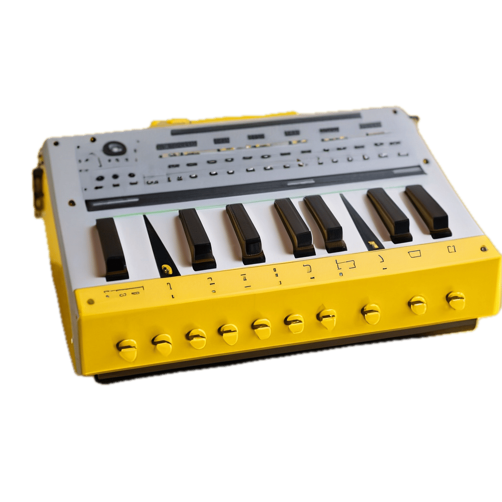 a yellow and black keyboard sitting on top of a table