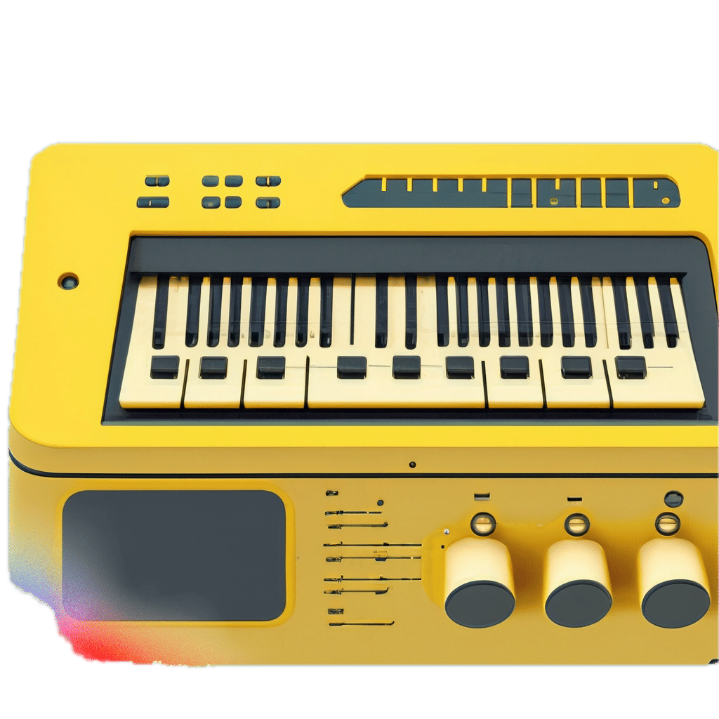 a yellow electronic keyboard with four knobs