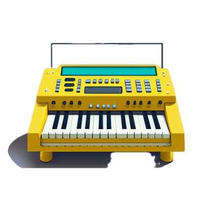 a yellow electronic keyboard with a microphone