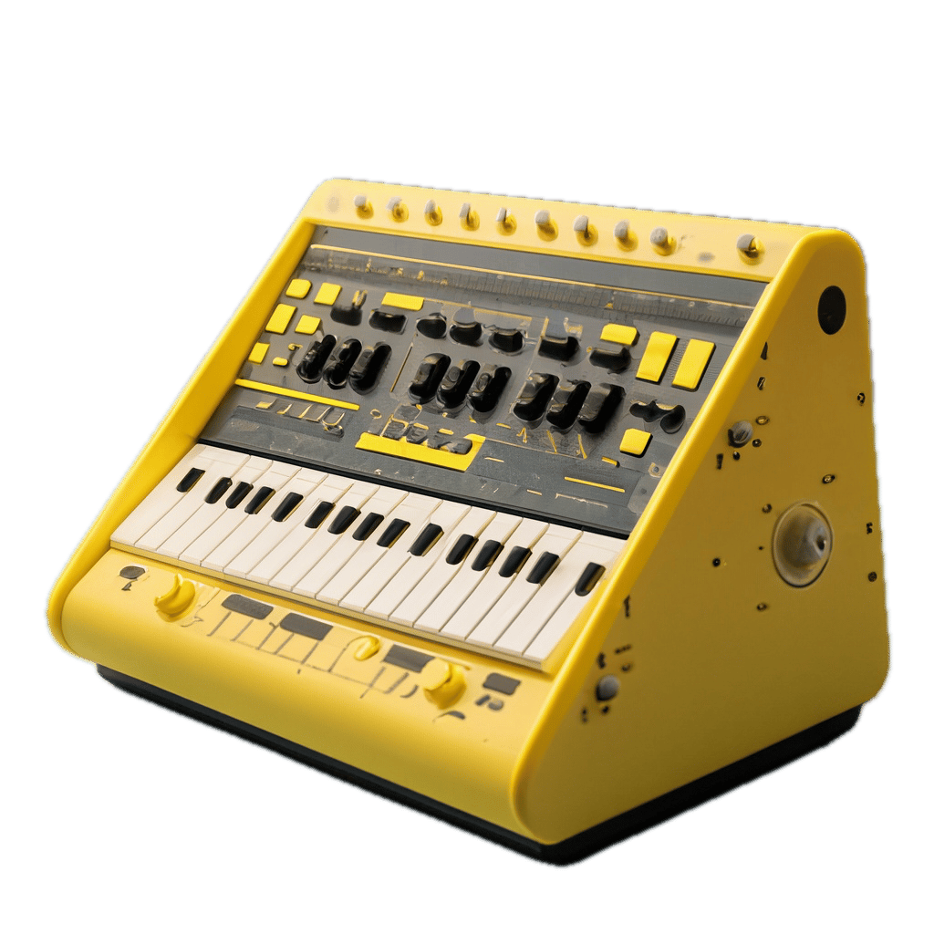 a yellow and black musical instrument on a black background