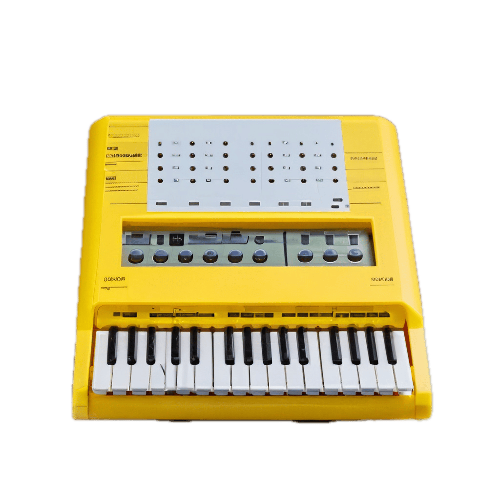 a yellow and white electronic keyboard on a black background