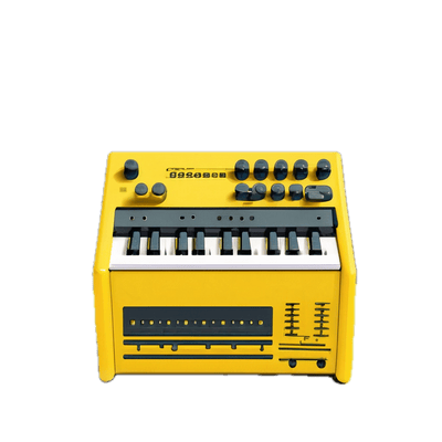 a yellow and black keyboard sitting on top of a black background