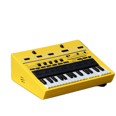 a yellow electronic keyboard with black keys on a black background