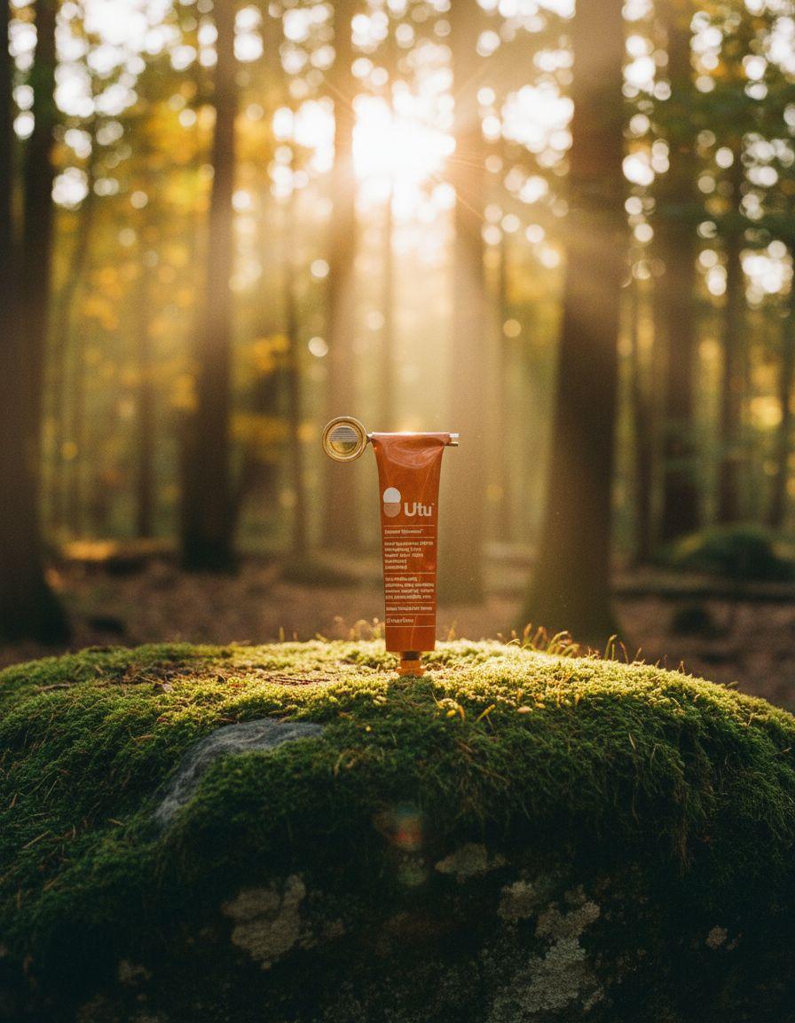 a tube of sunscreen sitting on top of a moss covered rock