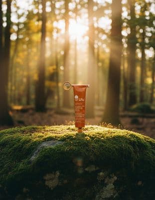 a tube of sunscreen sitting on top of a moss covered rock