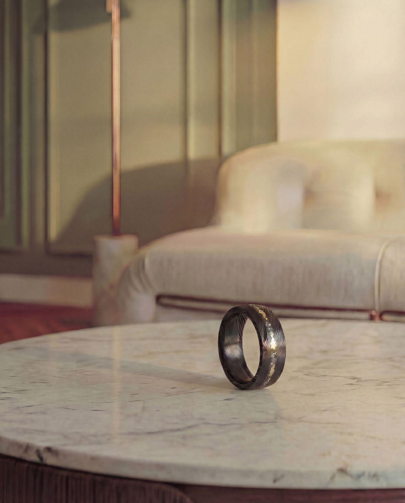 a marble table with a ring on top of it