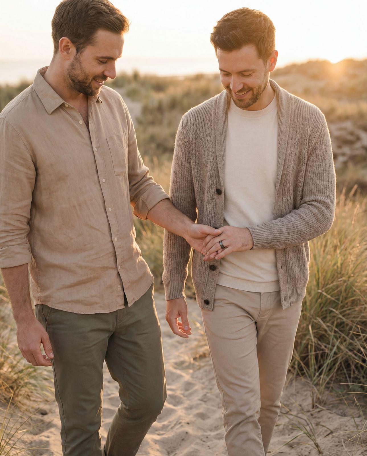 a couple of men walking across a sandy beach
