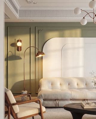 a living room with a couch, chair and table