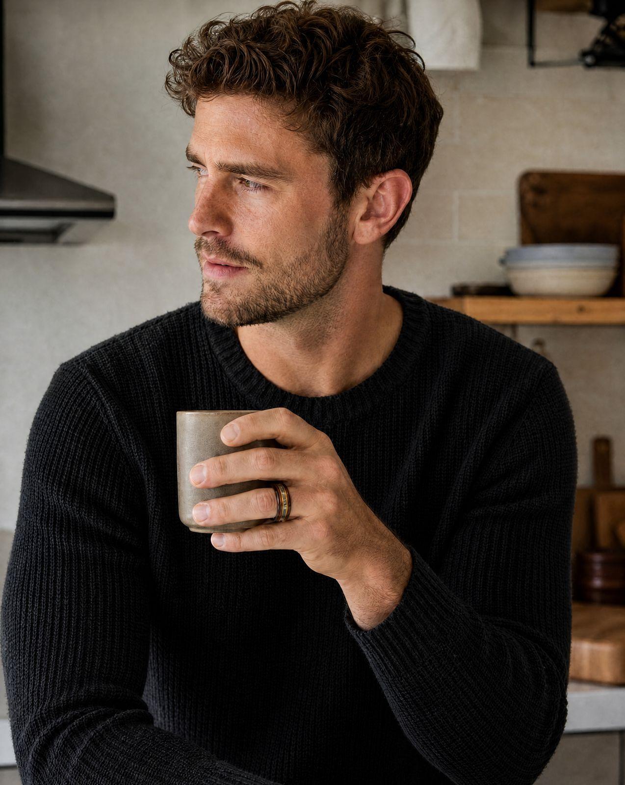a man in a black sweater holding a coffee cup