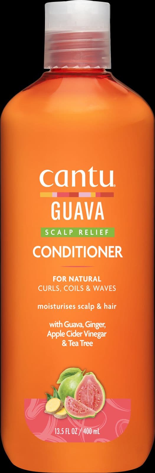 a bottle of cantu guava conditioner on a black background