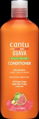a bottle of cantu guava conditioner on a black background