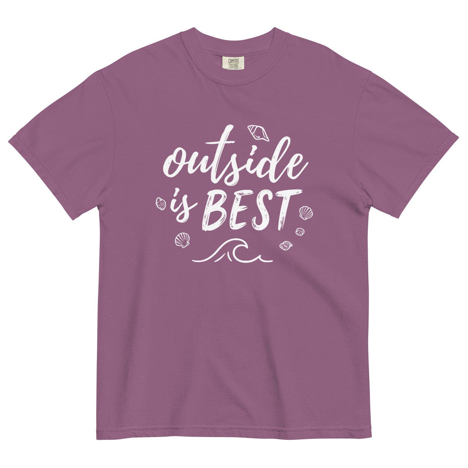 a purple t - shirt that says outside is best