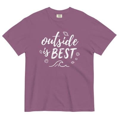a purple t - shirt that says outside is best