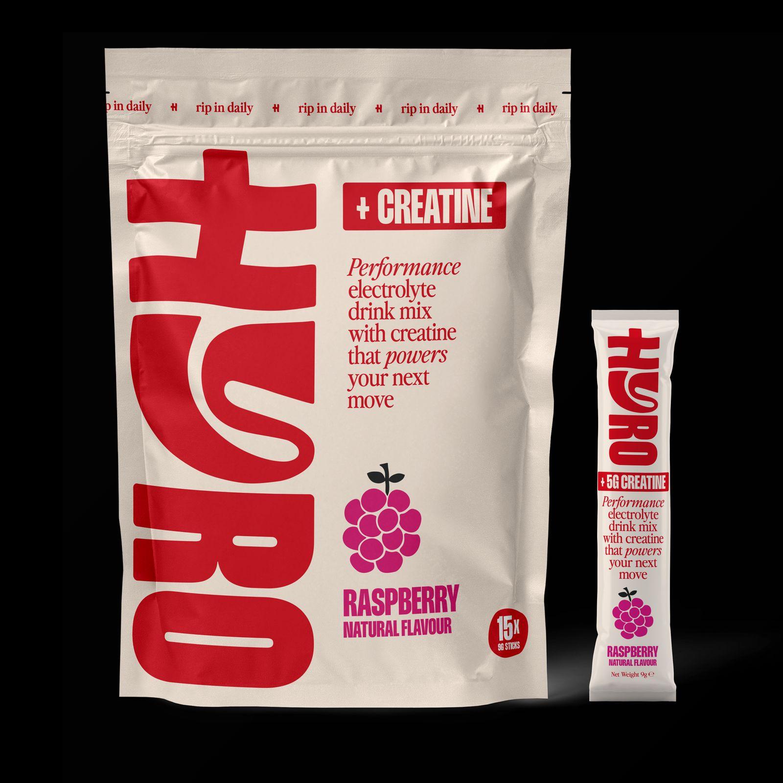a bag of raspberry flavor next to a bag of creatin