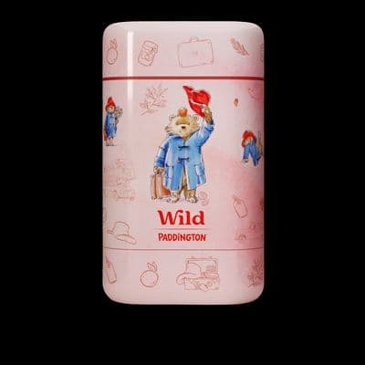 a pink mug with a picture of a bear holding a red flag