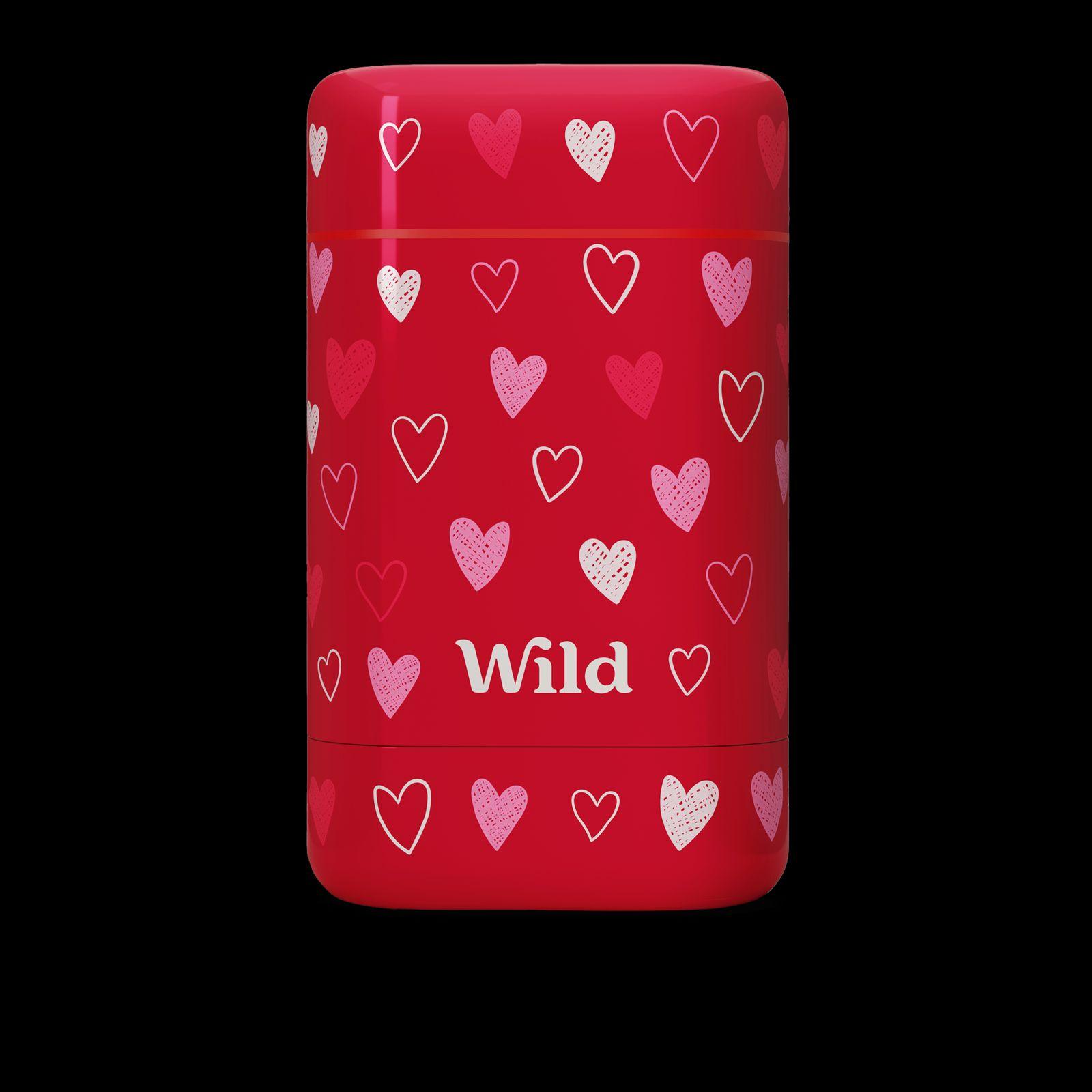 a red lighter with hearts and the words wild on it